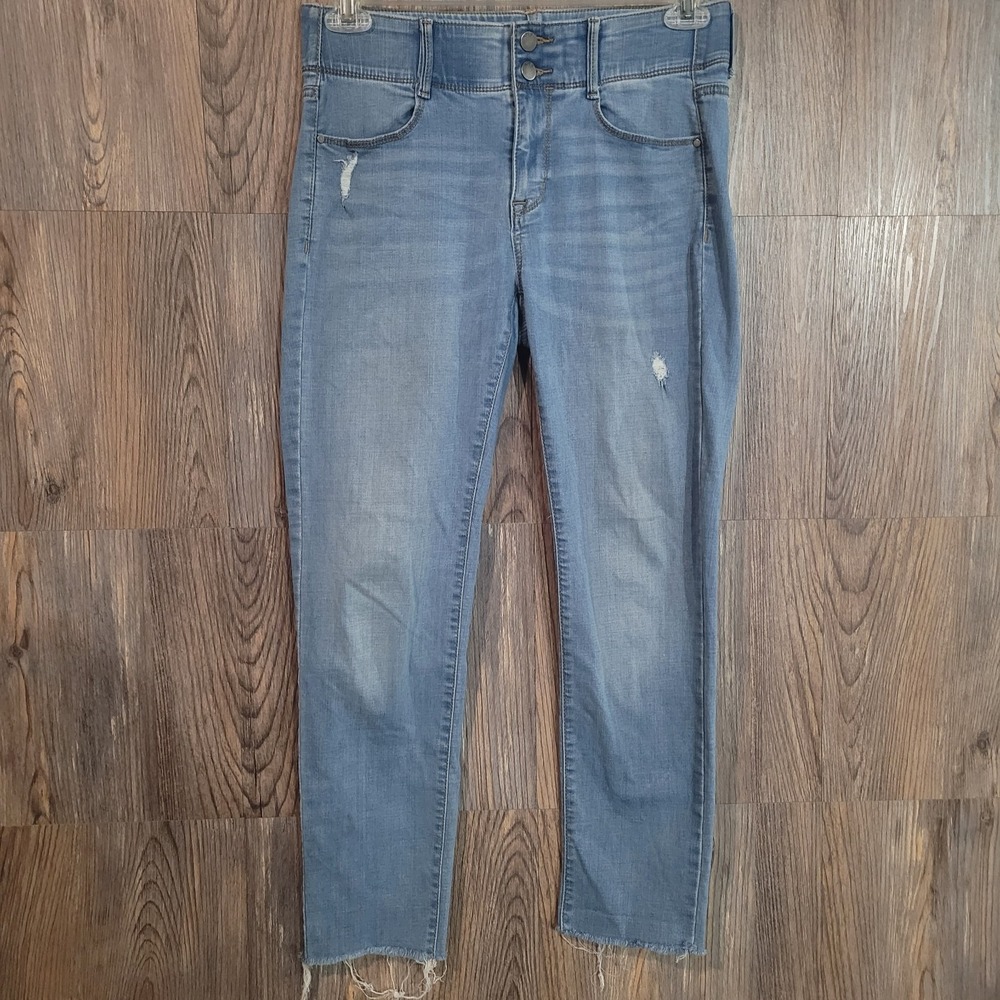 APT 9 Tummy Control Straight Jeans Size 8x26 Light Wash Distressed Raw Hem READ
